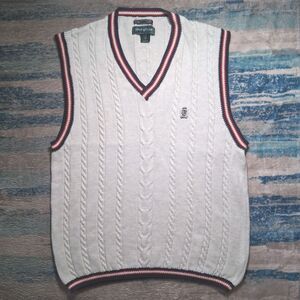 Siegfried Sweater Vest Men Large White Cable Knit V Neck Preppy Tennis Golf VTG